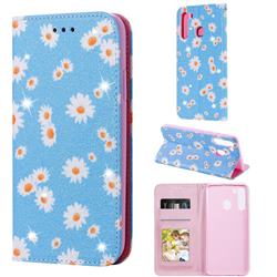 Ultra Slim Daisy Sparkle Glitter Powder Magnetic Leather Wallet Case for Samsung Galaxy A21 - Blue