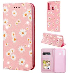 Ultra Slim Daisy Sparkle Glitter Powder Magnetic Leather Wallet Case for Samsung Galaxy A21 - Pink