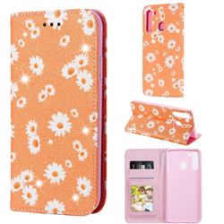 Ultra Slim Daisy Sparkle Glitter Powder Magnetic Leather Wallet Case for Samsung Galaxy A21 - Orange