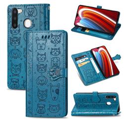Embossing Dog Paw Kitten and Puppy Leather Wallet Case for Samsung Galaxy A21 - Blue