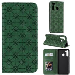 Intricate Embossing Four Leaf Clover Leather Wallet Case for Samsung Galaxy A21 - Blackish Green