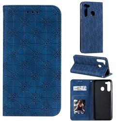 Intricate Embossing Four Leaf Clover Leather Wallet Case for Samsung Galaxy A21 - Dark Blue