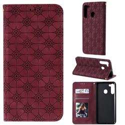 Intricate Embossing Four Leaf Clover Leather Wallet Case for Samsung Galaxy A21 - Claret