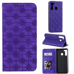 Intricate Embossing Four Leaf Clover Leather Wallet Case for Samsung Galaxy A21 - Purple