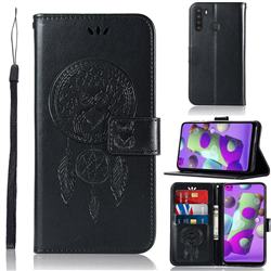 Intricate Embossing Owl Campanula Leather Wallet Case for Samsung Galaxy A21 - Black