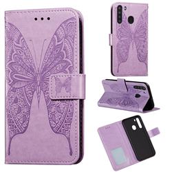 Intricate Embossing Vivid Butterfly Leather Wallet Case for Samsung Galaxy A21 - Purple