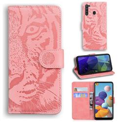Intricate Embossing Tiger Face Leather Wallet Case for Samsung Galaxy A21 - Pink