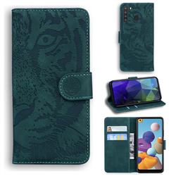 Intricate Embossing Tiger Face Leather Wallet Case for Samsung Galaxy A21 - Green