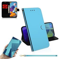 Shining Mirror Like Surface Leather Wallet Case for Samsung Galaxy A21 - Blue