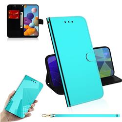 Shining Mirror Like Surface Leather Wallet Case for Samsung Galaxy A21 - Mint Green