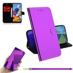Shining Mirror Like Surface Leather Wallet Case for Samsung Galaxy A21 - Purple