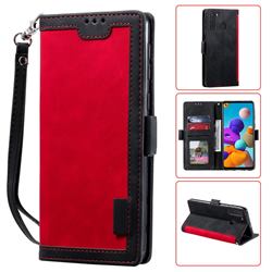 Luxury Retro Stitching Leather Wallet Phone Case for Samsung Galaxy A21 - Deep Red