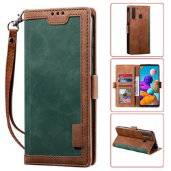 Luxury Retro Stitching Leather Wallet Phone Case for Samsung Galaxy A21 - Dark Green