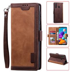 Luxury Retro Stitching Leather Wallet Phone Case for Samsung Galaxy A21 - Dark Brown