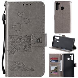 Embossing Owl Couple Flower Leather Wallet Case for Samsung Galaxy A21 - Gray