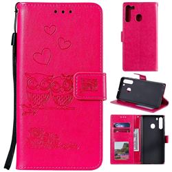 Embossing Owl Couple Flower Leather Wallet Case for Samsung Galaxy A21 - Red