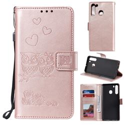 Embossing Owl Couple Flower Leather Wallet Case for Samsung Galaxy A21 - Rose Gold