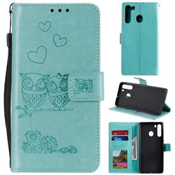 Embossing Owl Couple Flower Leather Wallet Case for Samsung Galaxy A21 - Green