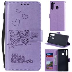 Embossing Owl Couple Flower Leather Wallet Case for Samsung Galaxy A21 - Purple