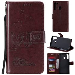 Embossing Owl Couple Flower Leather Wallet Case for Samsung Galaxy A21 - Brown