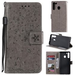 Embossing Cherry Blossom Cat Leather Wallet Case for Samsung Galaxy A21 - Gray
