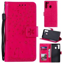 Embossing Cherry Blossom Cat Leather Wallet Case for Samsung Galaxy A21 - Rose