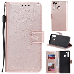 Embossing Cherry Blossom Cat Leather Wallet Case for Samsung Galaxy A21 - Rose Gold