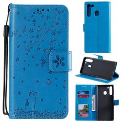 Embossing Cherry Blossom Cat Leather Wallet Case for Samsung Galaxy A21 - Blue