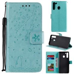 Embossing Cherry Blossom Cat Leather Wallet Case for Samsung Galaxy A21 - Green