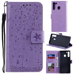 Embossing Cherry Blossom Cat Leather Wallet Case for Samsung Galaxy A21 - Purple