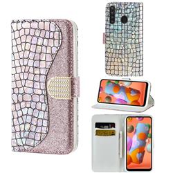 Glitter Diamond Buckle Laser Stitching Leather Wallet Phone Case for Samsung Galaxy A21 - Pink