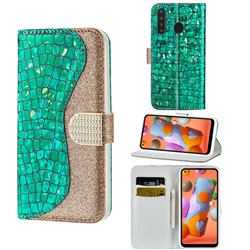 Glitter Diamond Buckle Laser Stitching Leather Wallet Phone Case for Samsung Galaxy A21 - Green