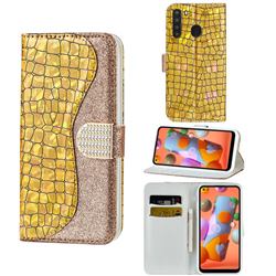 Glitter Diamond Buckle Laser Stitching Leather Wallet Phone Case for Samsung Galaxy A21 - Gold