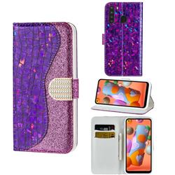 Glitter Diamond Buckle Laser Stitching Leather Wallet Phone Case for Samsung Galaxy A21 - Purple