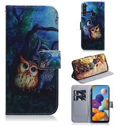 Oil Painting Owl PU Leather Wallet Case for Samsung Galaxy A21