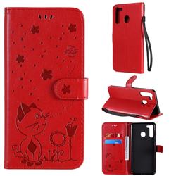 Embossing Bee and Cat Leather Wallet Case for Samsung Galaxy A21 - Red