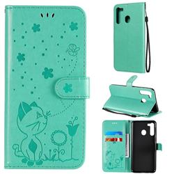 Embossing Bee and Cat Leather Wallet Case for Samsung Galaxy A21 - Green