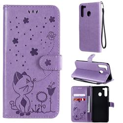 Embossing Bee and Cat Leather Wallet Case for Samsung Galaxy A21 - Purple