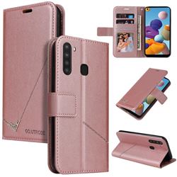 GQ.UTROBE Right Angle Silver Pendant Leather Wallet Phone Case for Samsung Galaxy A21 - Rose Gold