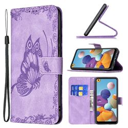 Binfen Color Imprint Vivid Butterfly Leather Wallet Case for Samsung Galaxy A21 - Purple