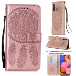 Embossing Dream Catcher Mandala Flower Leather Wallet Case for Samsung Galaxy A21 - Rose Gold