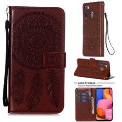 Embossing Dream Catcher Mandala Flower Leather Wallet Case for Samsung Galaxy A21 - Brown