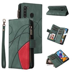 Luxury Two-color Stitching Multi-function Zipper Leather Wallet Case Cover for Samsung Galaxy A21 - Green