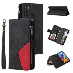Luxury Two-color Stitching Multi-function Zipper Leather Wallet Case Cover for Samsung Galaxy A21 - Black