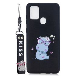 Black Flower Hippo Soft Kiss Candy Hand Strap Silicone Case for Samsung Galaxy A21s