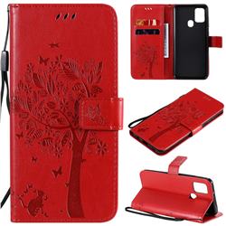 Embossing Butterfly Tree Leather Wallet Case for Samsung Galaxy A21s - Red