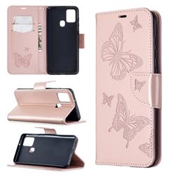 Embossing Double Butterfly Leather Wallet Case for Samsung Galaxy A21s - Rose Gold