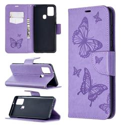 Embossing Double Butterfly Leather Wallet Case for Samsung Galaxy A21s - Purple