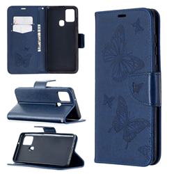 Embossing Double Butterfly Leather Wallet Case for Samsung Galaxy A21s - Dark Blue