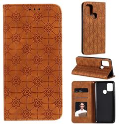Intricate Embossing Four Leaf Clover Leather Wallet Case for Samsung Galaxy A21s - Yellowish Brown